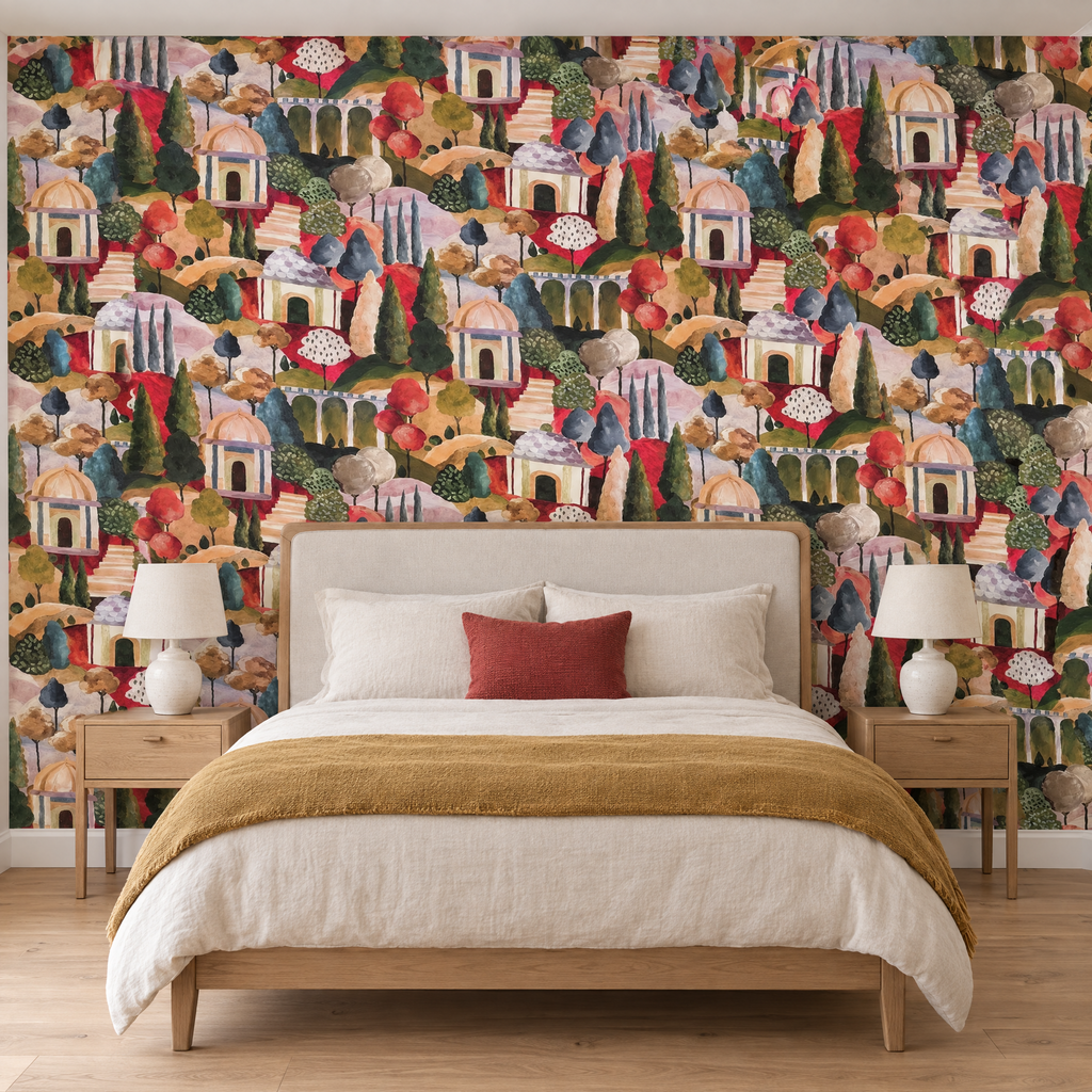 Papier peint paysage méditerranéen multicolore en tête de lit dans une chambre