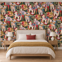 Papier peint paysage méditerranéen multicolore en tête de lit dans une chambre