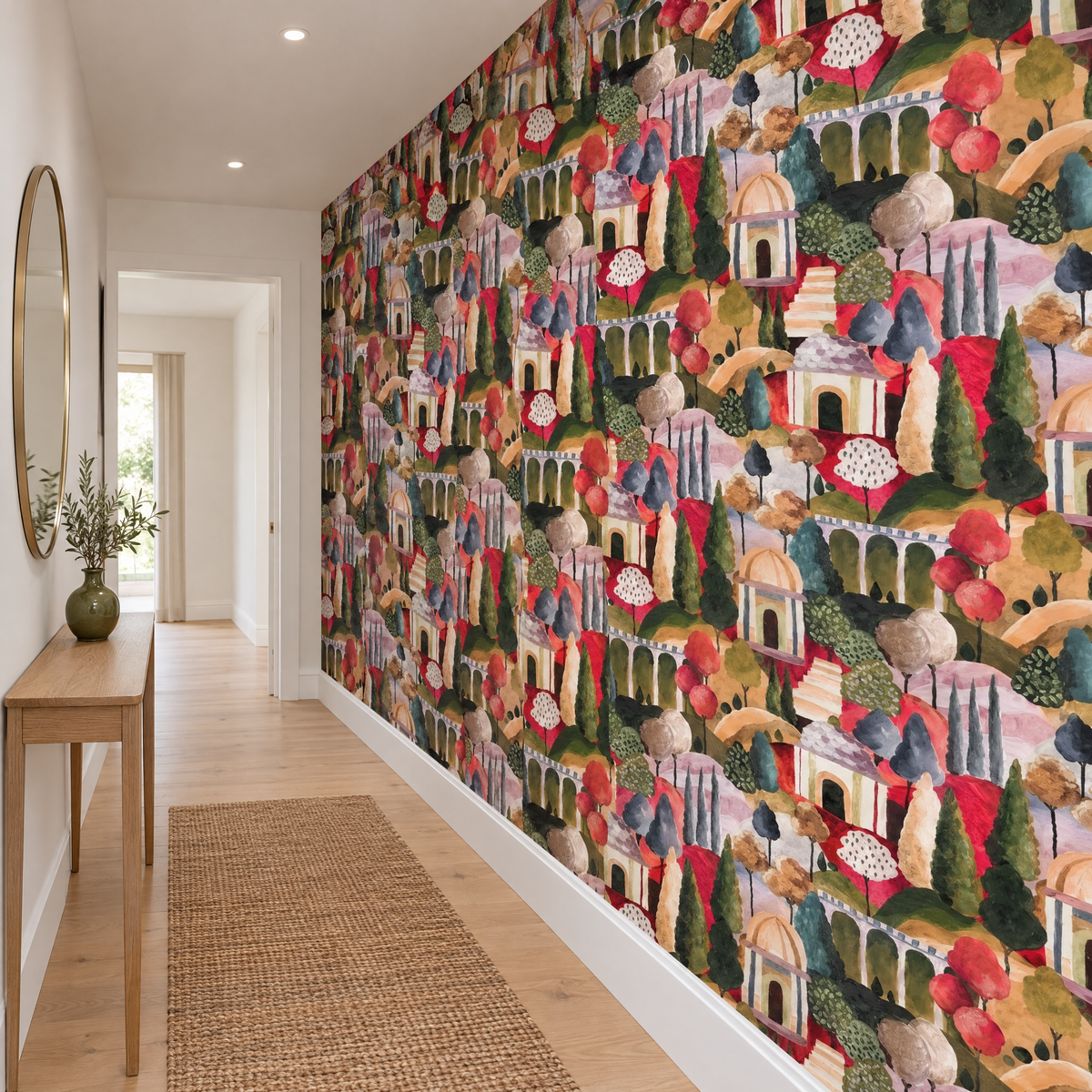Papier peint paysage méditerranéen multicolore dans un couloir