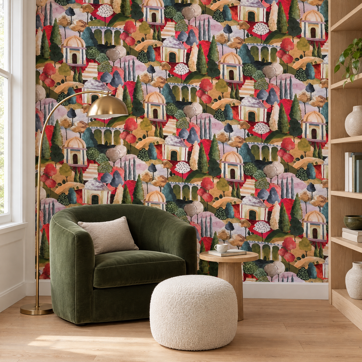 Papier peint motif graphique multicolore dans un coin lecture