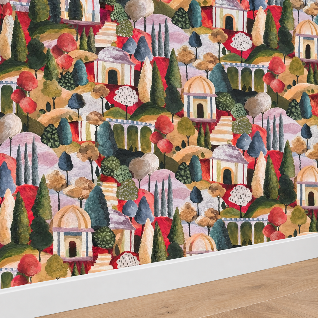 Papier peint paysage méditerranéen multicolore, détail avec plinthe
