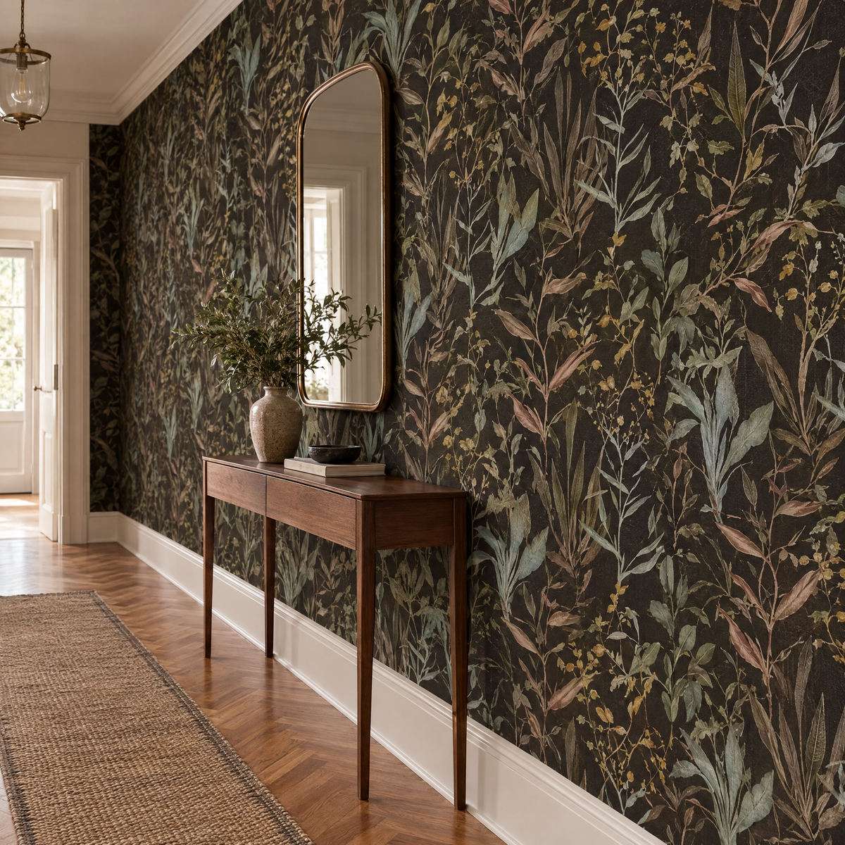 Couloir avec console en bois et miroir, papier peint botanique feuillage noir et vert