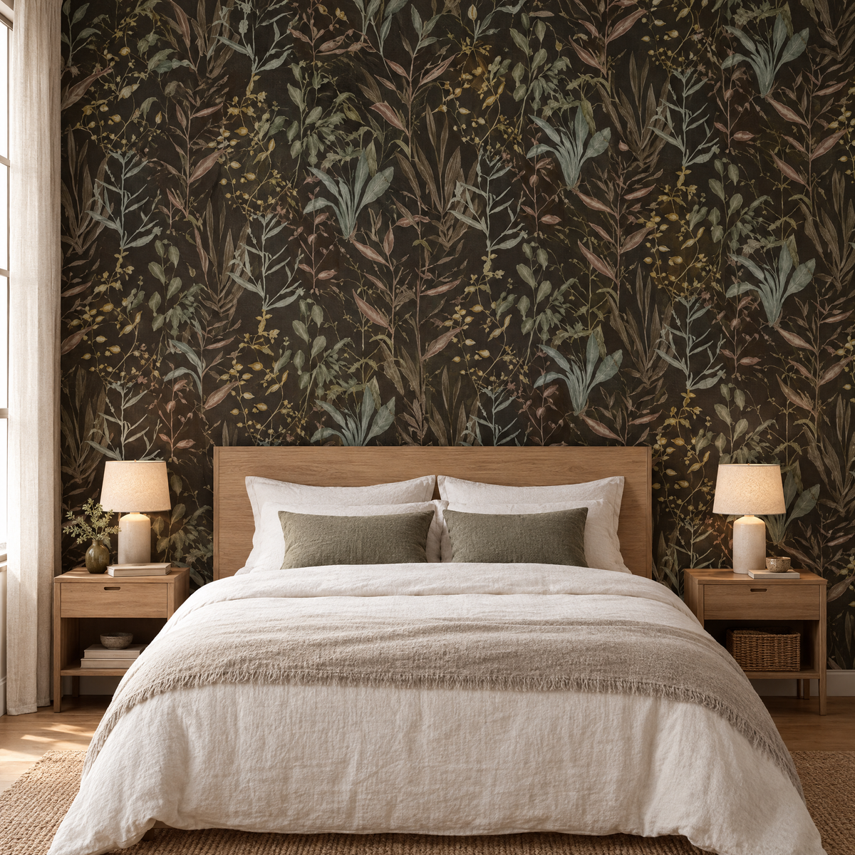 Chambre avec tête de lit en chêne devant un papier peint botanique feuillage noir et vert