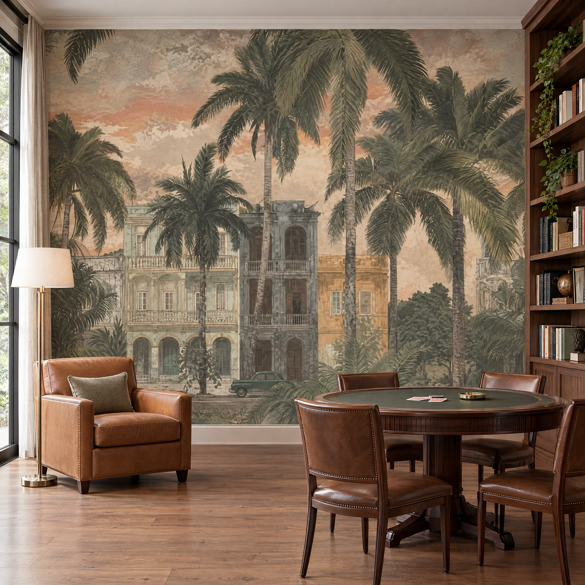 Salle de jeux et de lecture avec papier peint panoramique palmiers, fauteuil cuir et bibliothèque