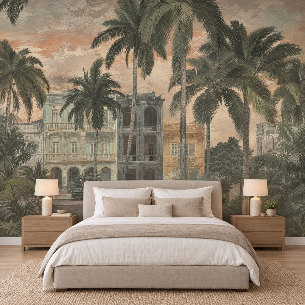 Chambre avec papier peint panoramique palmiers et façades coloniales derrière un lit en lin