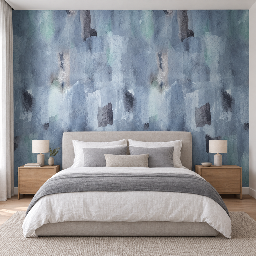 Chambre avec lit en lin blanc devant un papier peint aquarelle abstrait bleu et gris