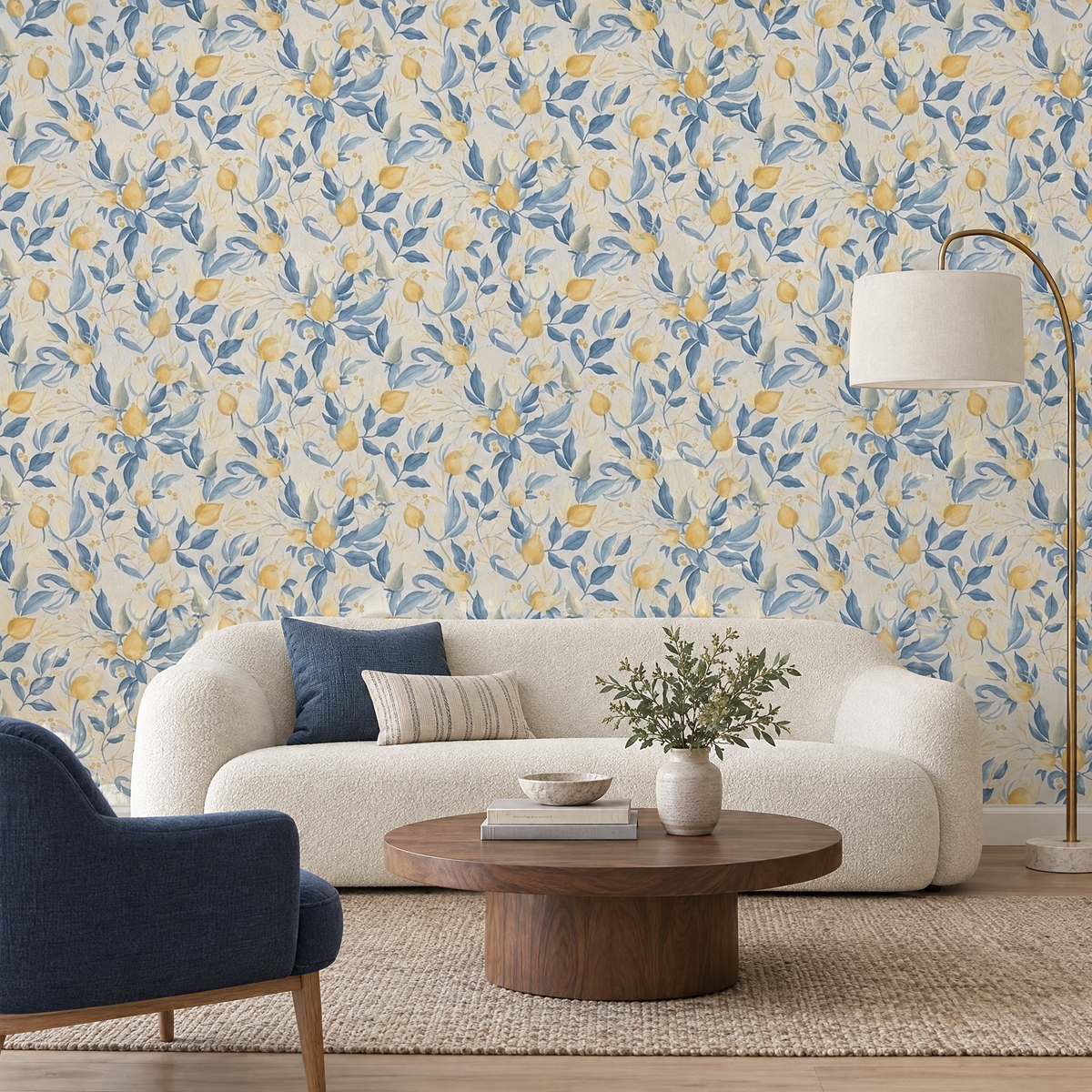 Salon avec canapé bouclé crème et papier peint floral bleu et blanc aux fleurs jaunes