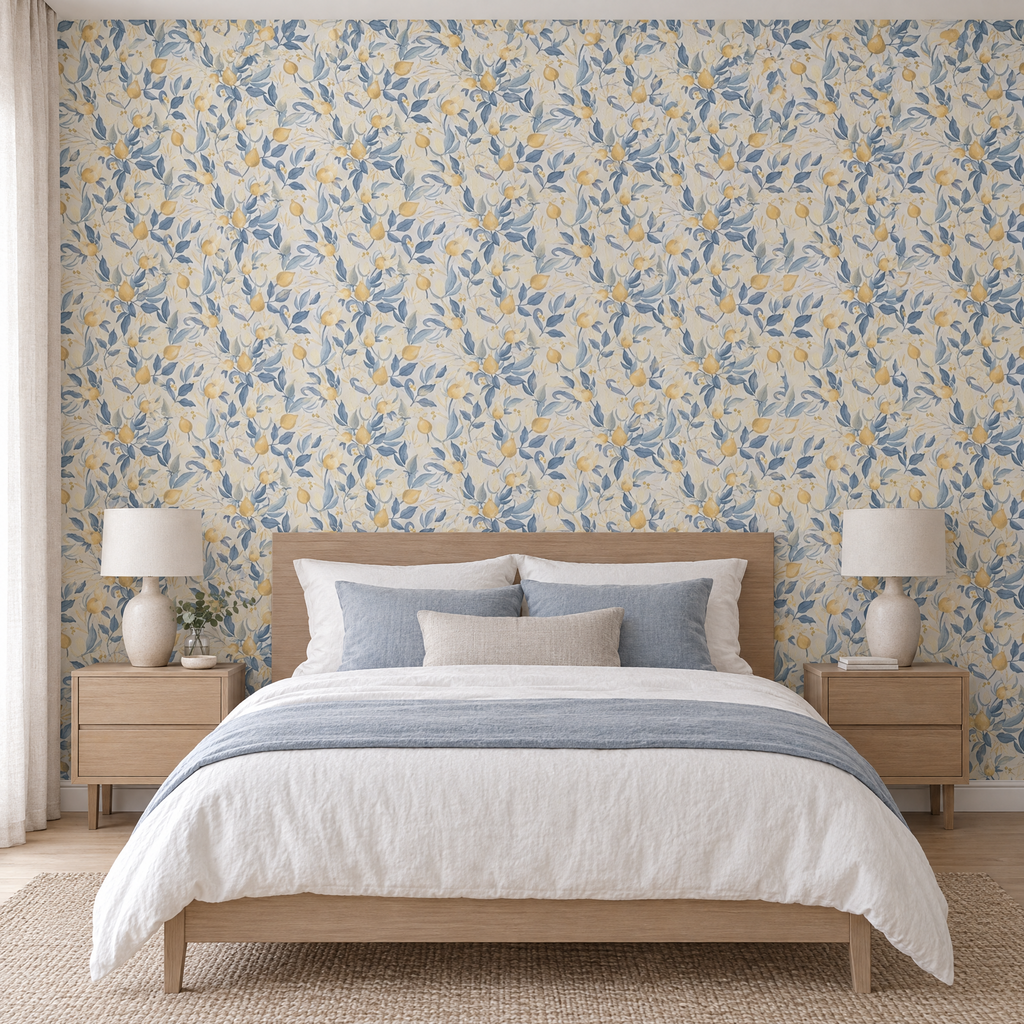 Chambre avec tête de lit en chêne devant un papier peint floral bleu et blanc