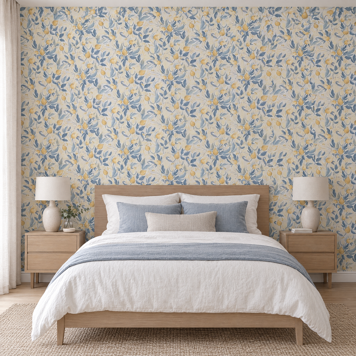 Chambre avec tête de lit en chêne devant un papier peint floral bleu et blanc