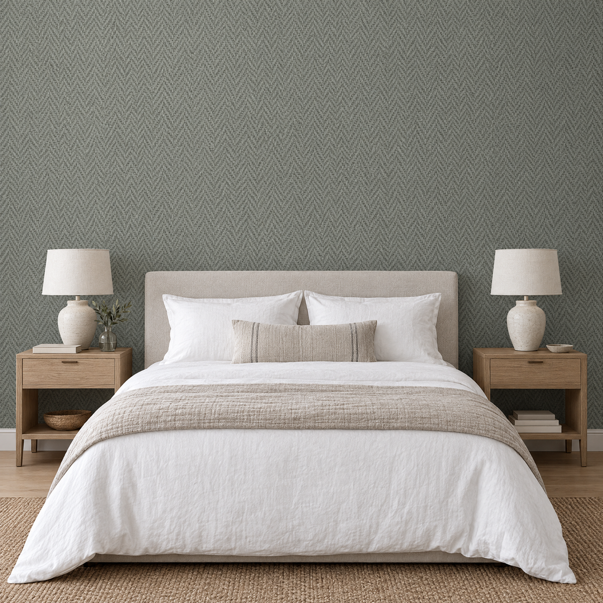 Chambre avec lit en lin blanc et papier peint intissé uni industriel gris sauge Loft Marburg