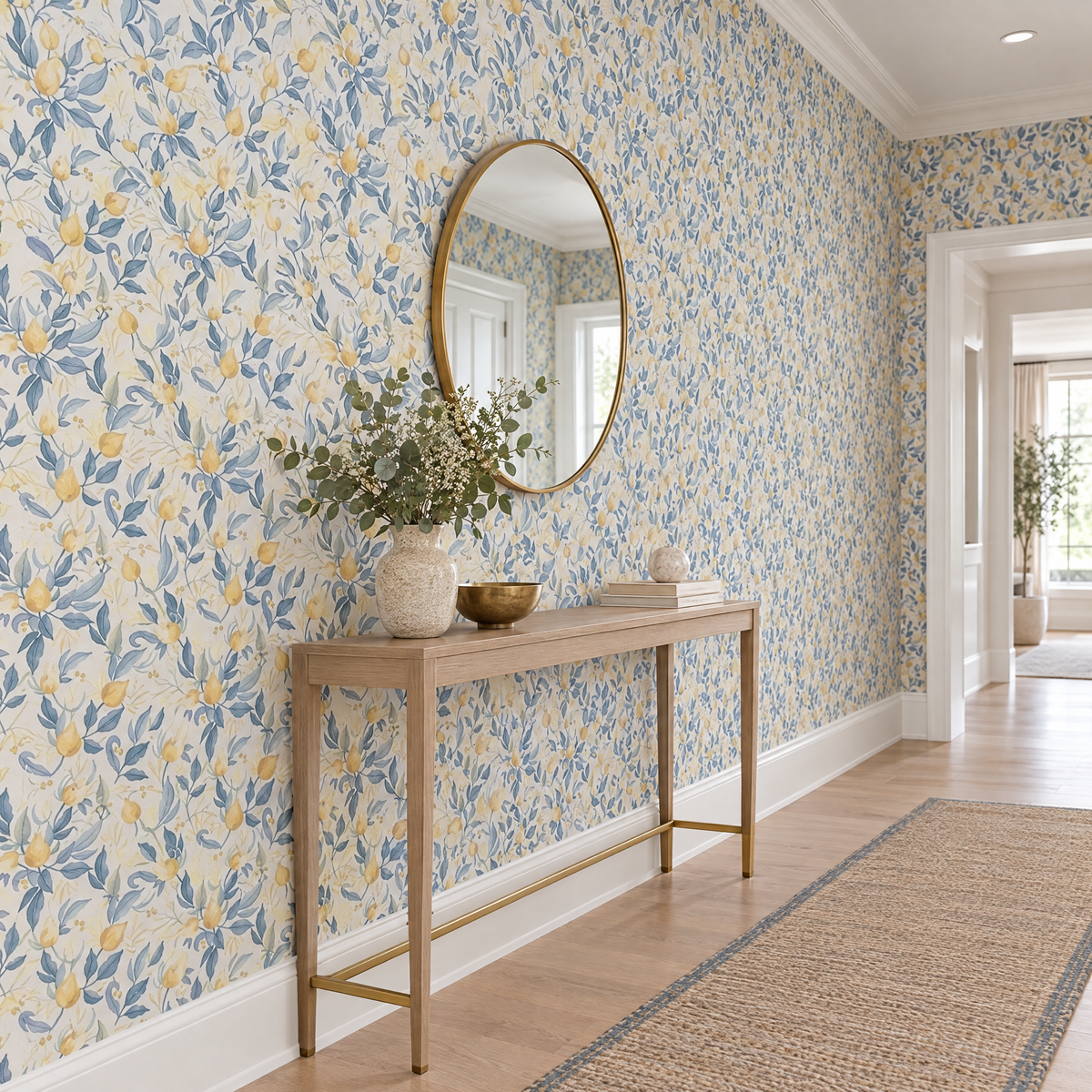 Couloir avec console et miroir rond le long d'un papier peint floral bleu et blanc