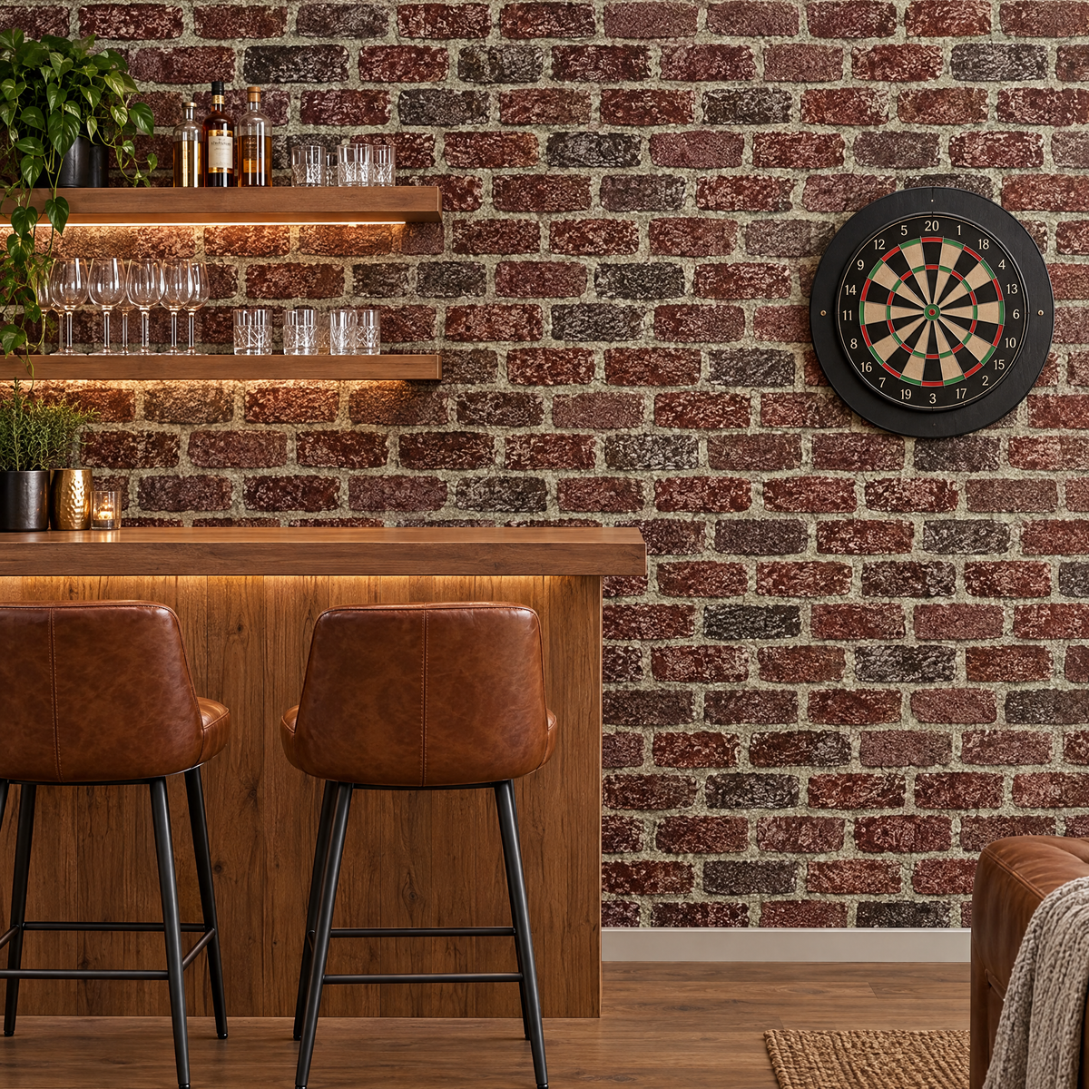 Salle de jeux avec papier peint effet brique rouge et marron, bar en bois et cible de fléchettes