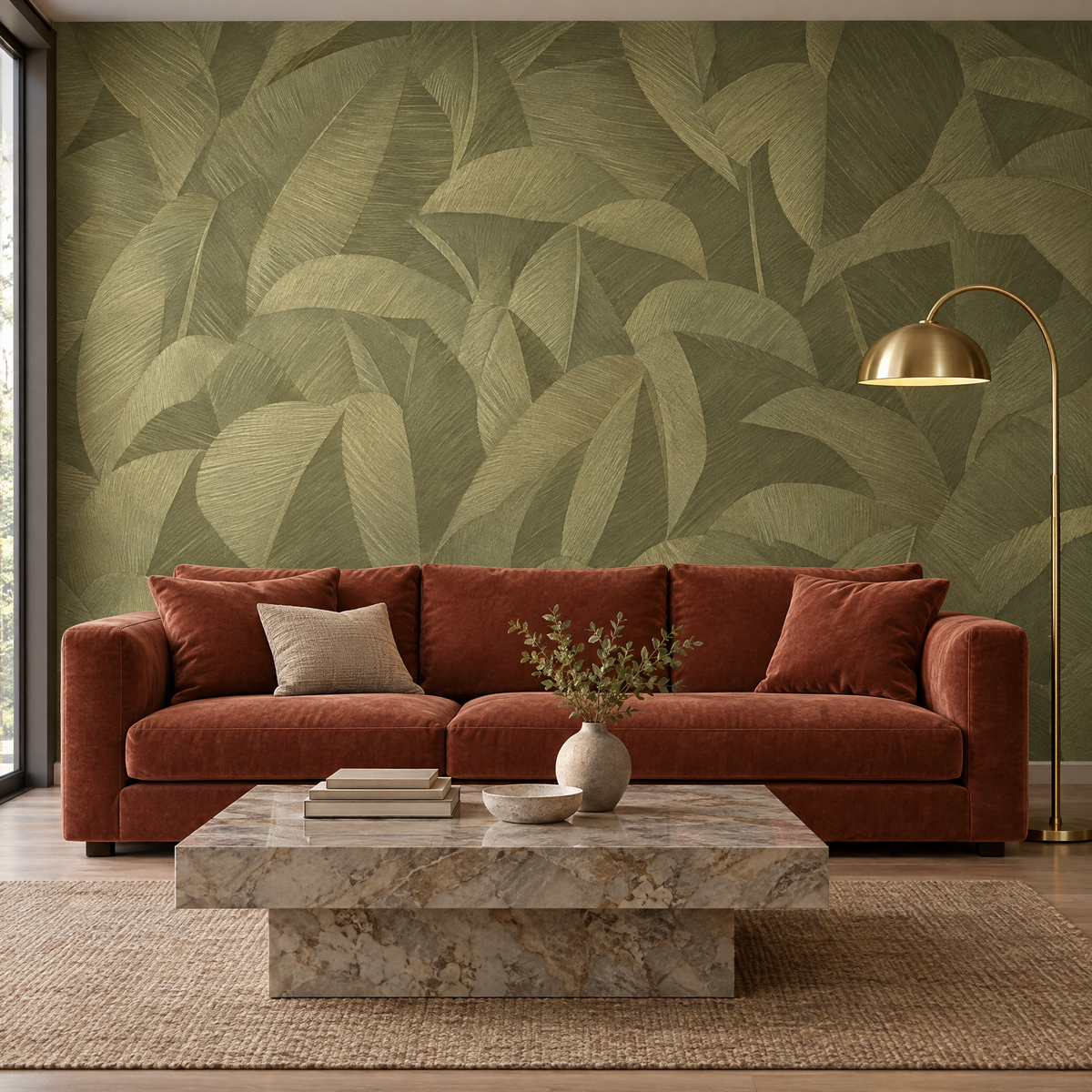 Salon avec canapé velours terracotta devant un papier peint feuilles tropicales vert olive