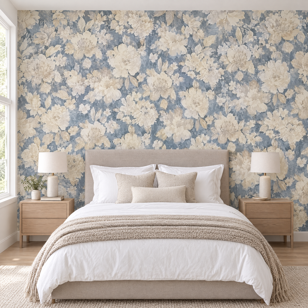 Chambre avec papier peint floral aquarelle bleu et beige en tête de lit
