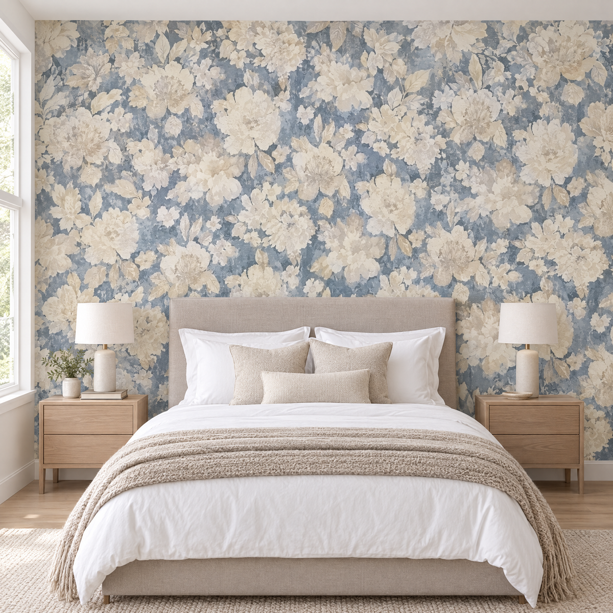 Chambre avec papier peint floral aquarelle bleu et beige en tête de lit