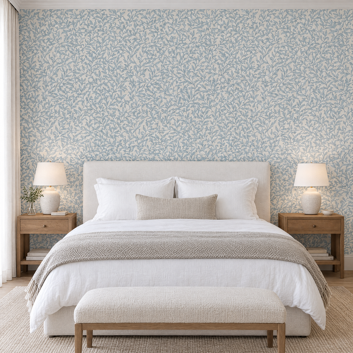 Chambre avec papier peint feuillage bleu poudré sur fond crème