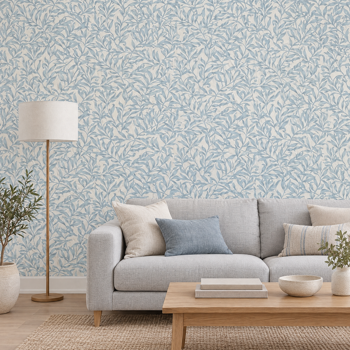 Salon avec papier peint feuillage bleu poudré sur fond crème