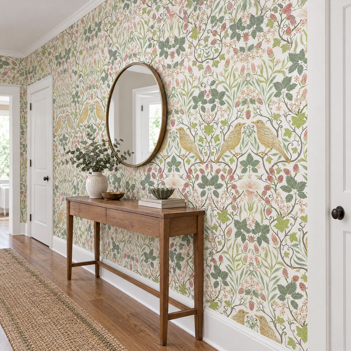 Papier peint oiseaux dorés et feuillages sauge dans un couloir