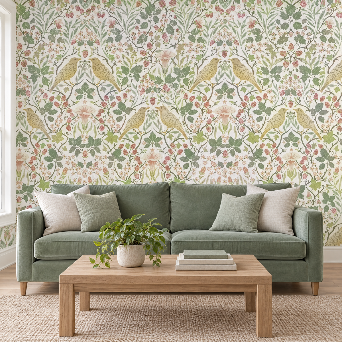 Papier peint oiseaux dorés et feuillages sauge sur fond blanc dans un salon