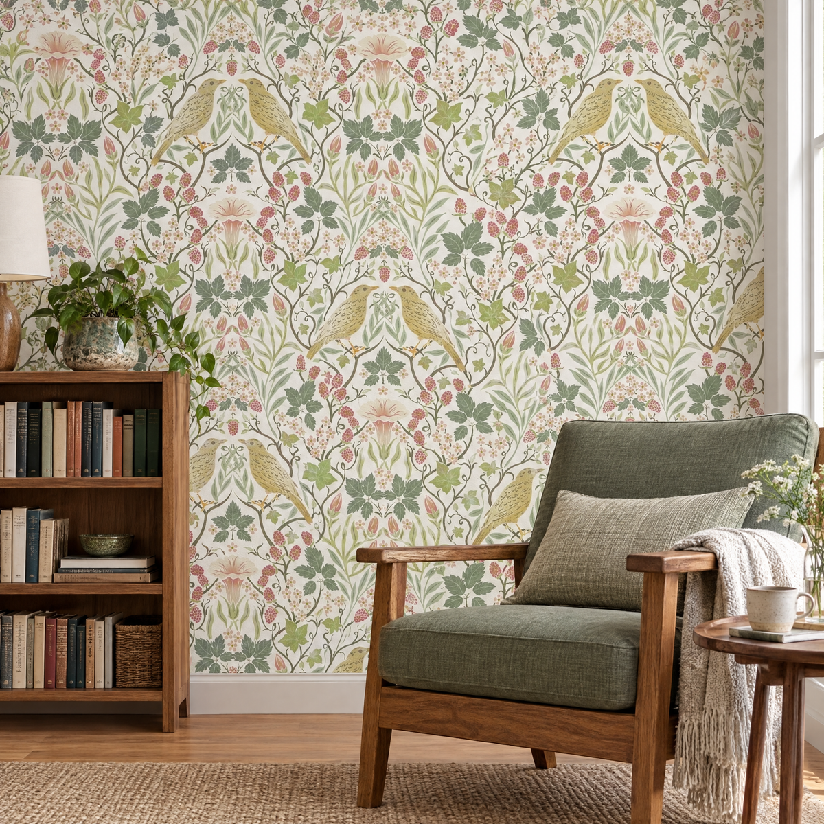 Papier peint oiseaux dorés et feuillages sauge dans une salle de lecture
