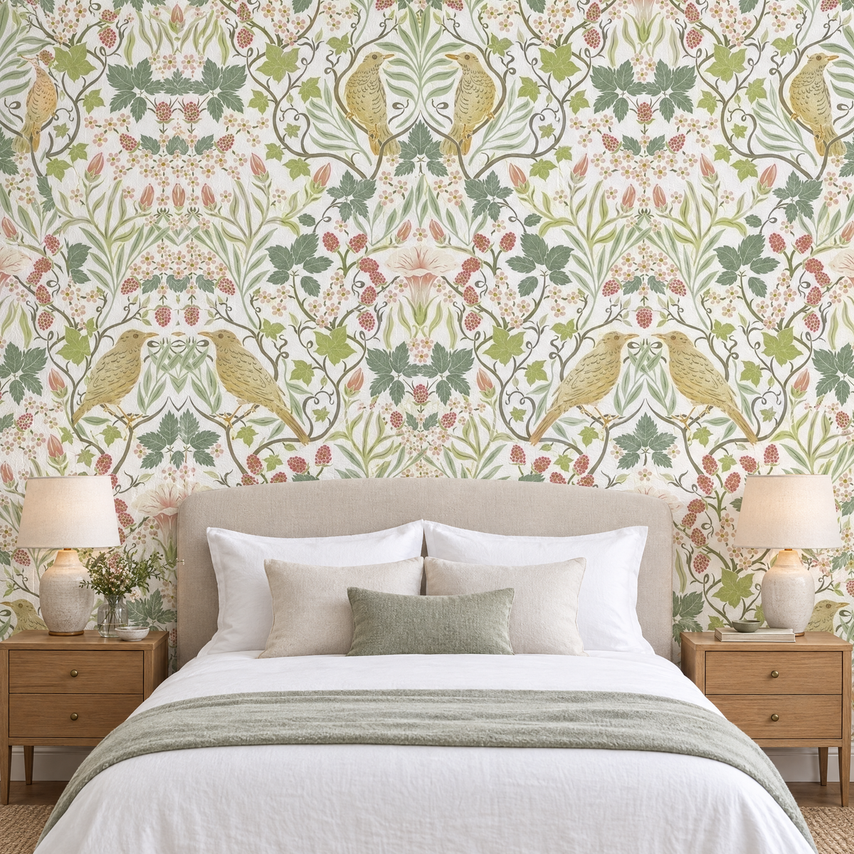 Papier peint oiseaux dorés et feuillages sauge dans une chambre