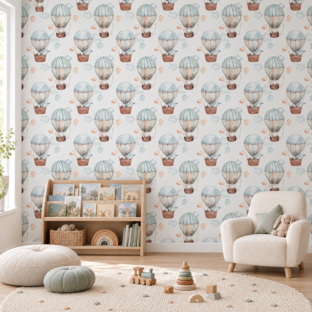 Papier peint montgolfières et animaux pastel dans une salle de jeux