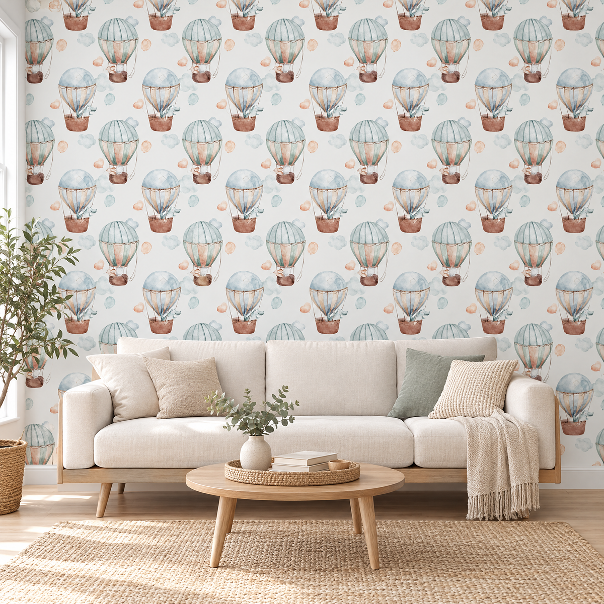 Papier peint montgolfières et animaux pastel dans un salon