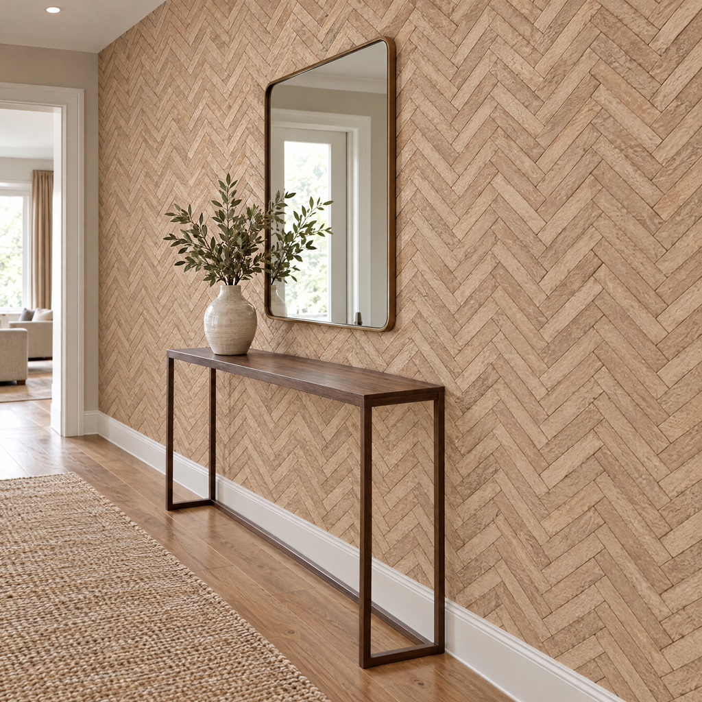 Papier peint effet pierre chevrons beige dans un couloir