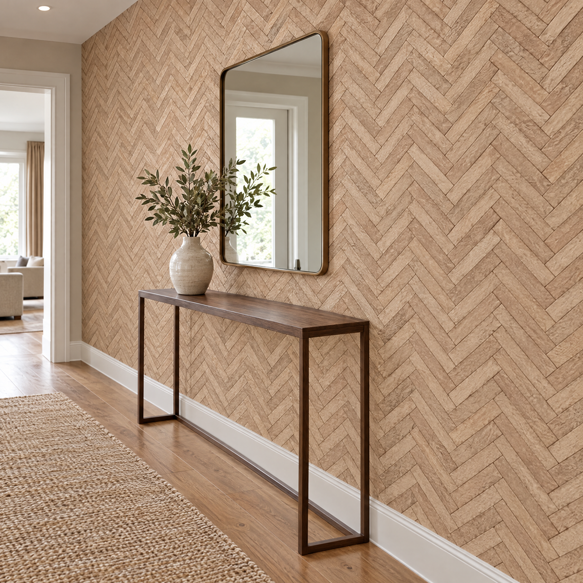 Papier peint effet pierre chevrons beige dans un couloir