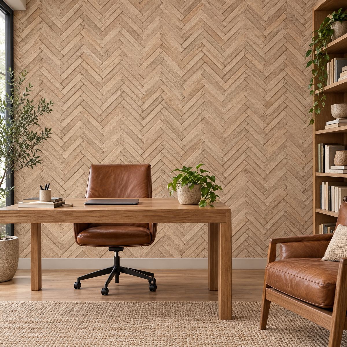 Papier peint effet pierre chevrons beige dans un bureau
