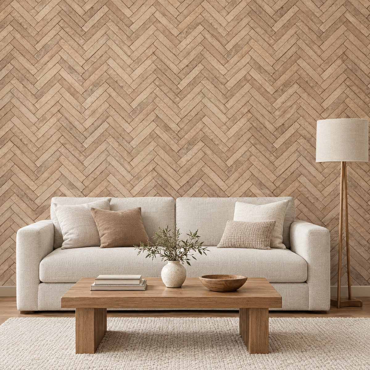 Papier peint effet pierre chevrons beige dans un salon