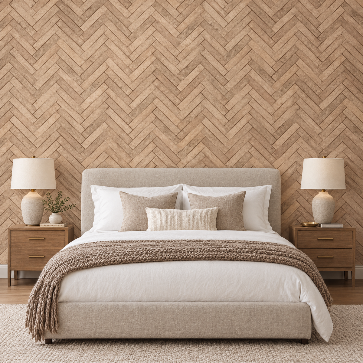 Papier peint effet pierre chevrons beige dans une chambre