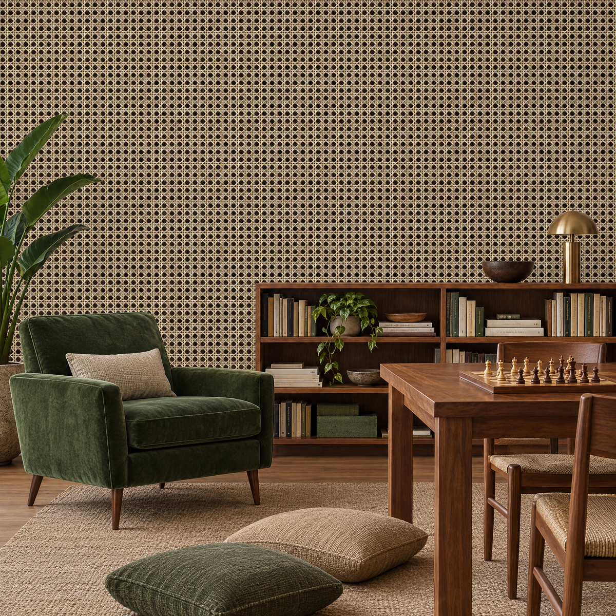 Papier peint effet rotin cannage beige et noir dans une salle de lecture avec fauteuil vert et table de jeu