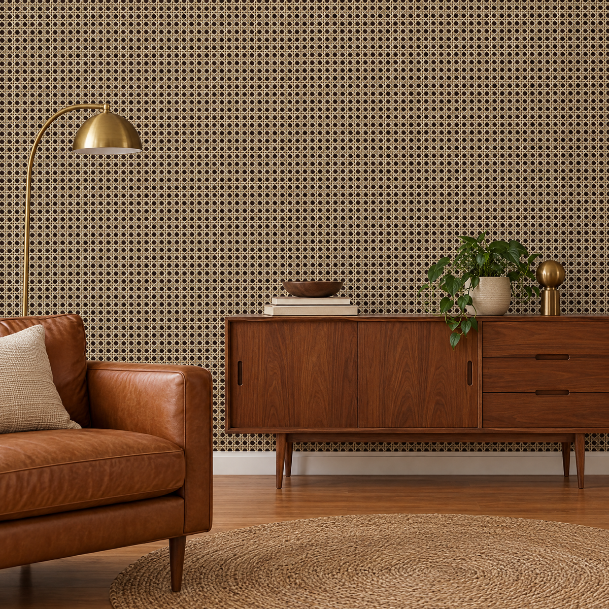Papier peint effet rotin cannage beige et noir dans un salon avec sofa cuir et buffet en noyer