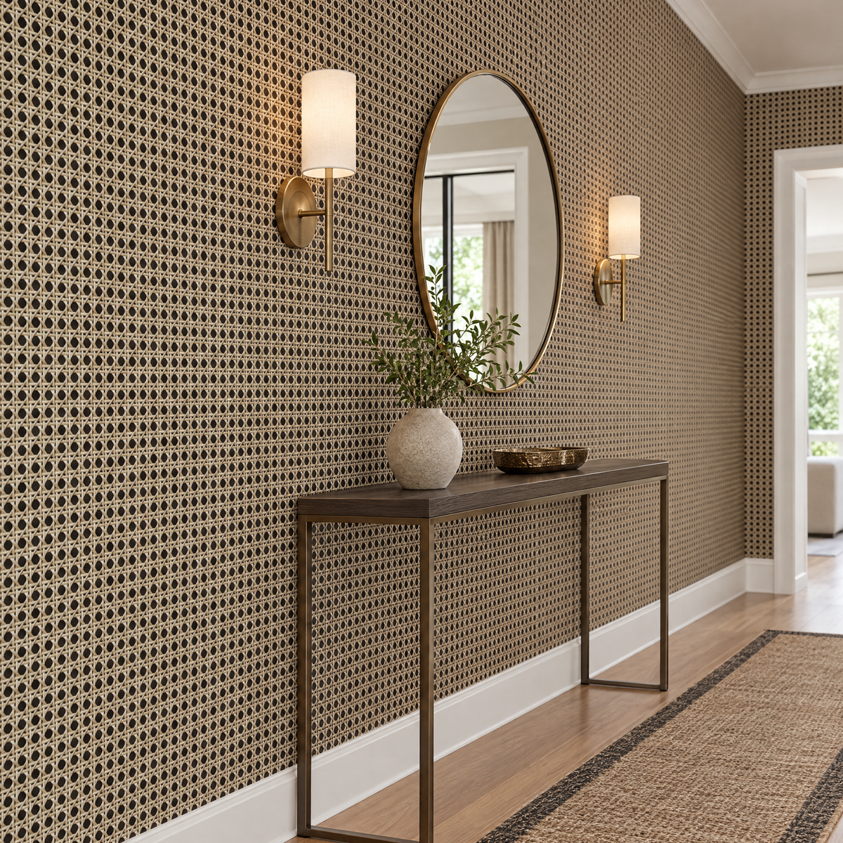Papier peint effet rotin cannage beige et noir dans un couloir avec console et miroir rond