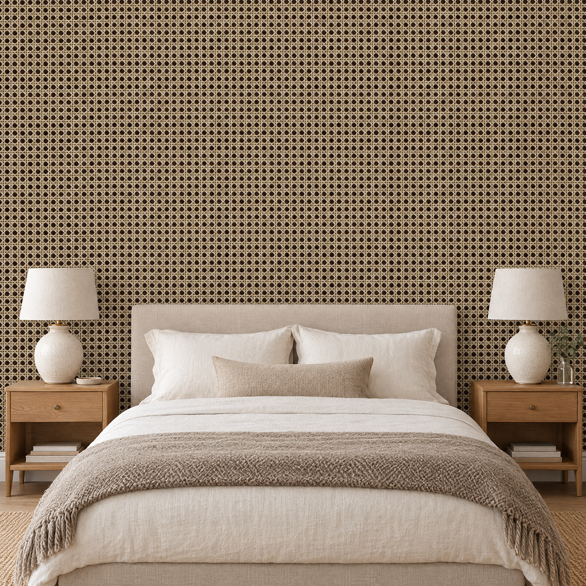 Papier peint effet rotin cannage beige et noir dans une chambre avec lit en lin