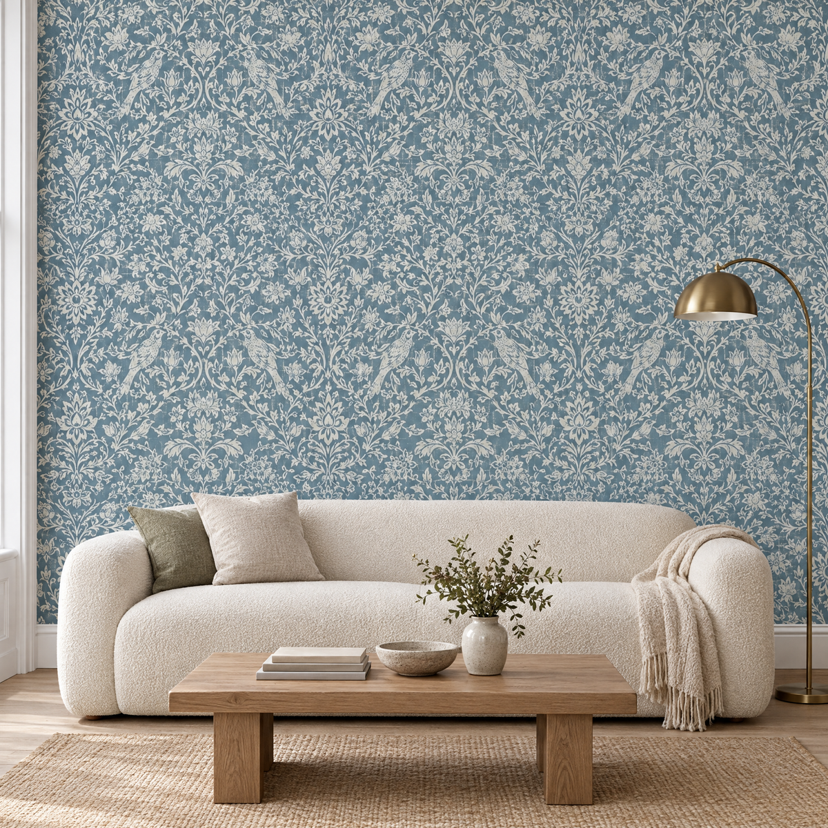 Papier peint damassé oiseaux et fleurs bleu gris et crème dans un salon