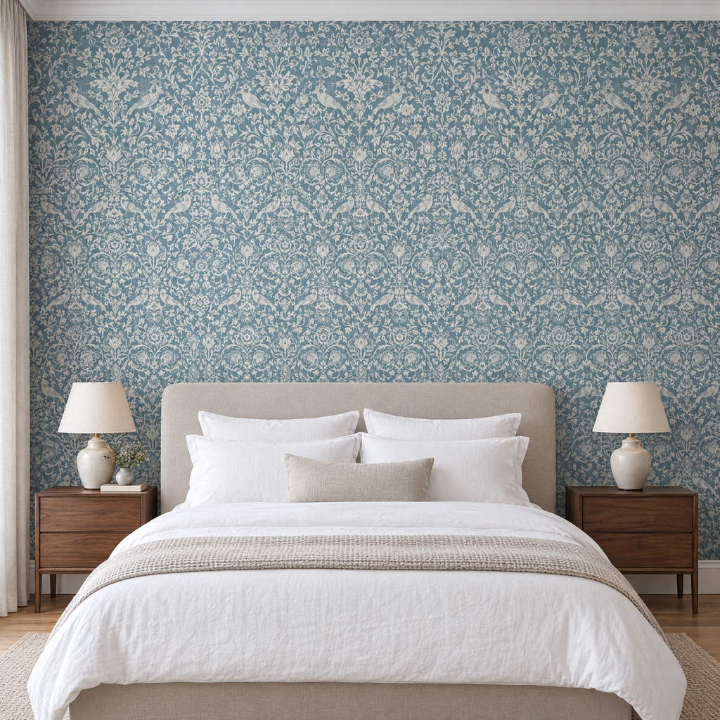 Papier peint damassé bleu gris et crème dans une chambre