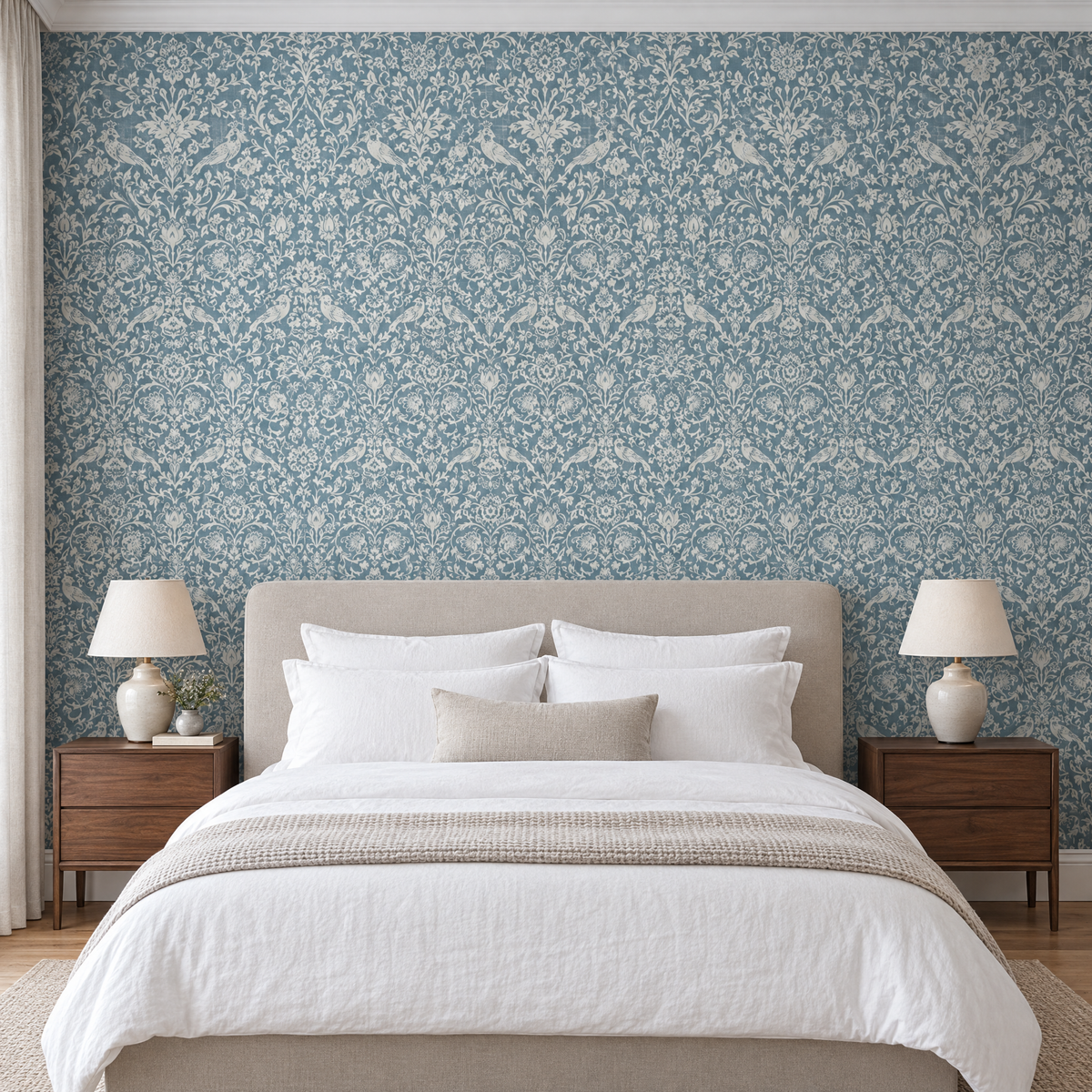Papier peint damassé bleu gris et crème dans une chambre