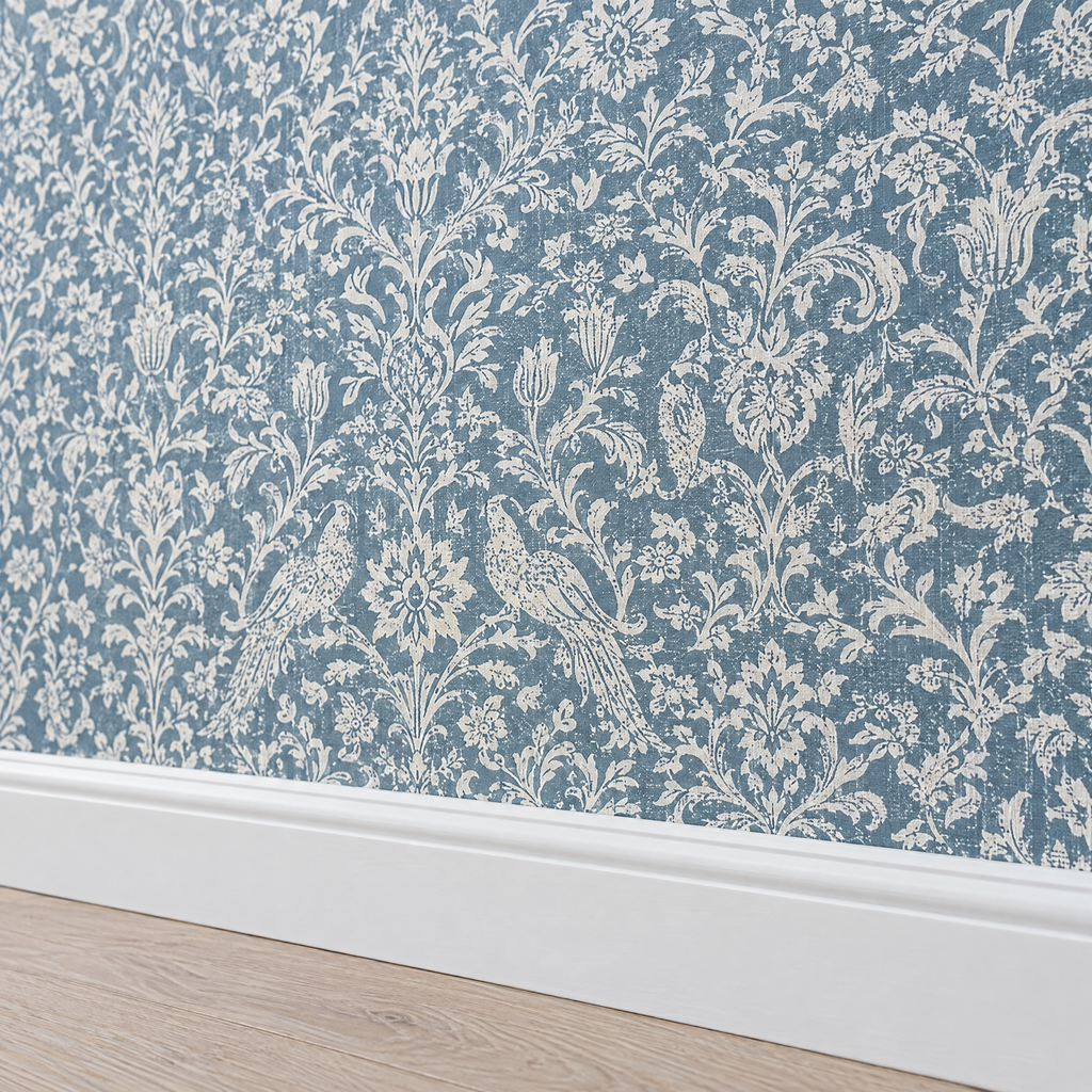 Papier peint damassé bleu gris et crème au-dessus d'une plinthe blanche