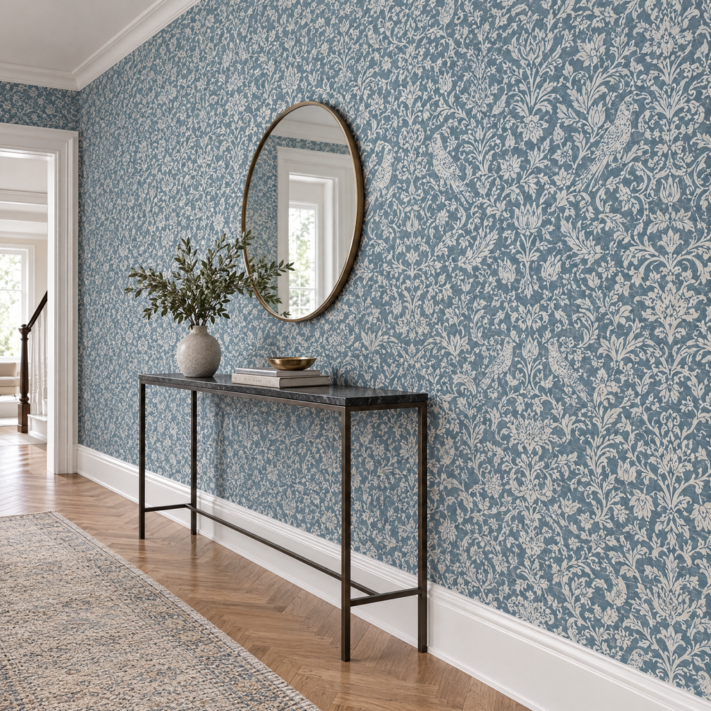 Papier peint damassé bleu gris et crème dans un couloir