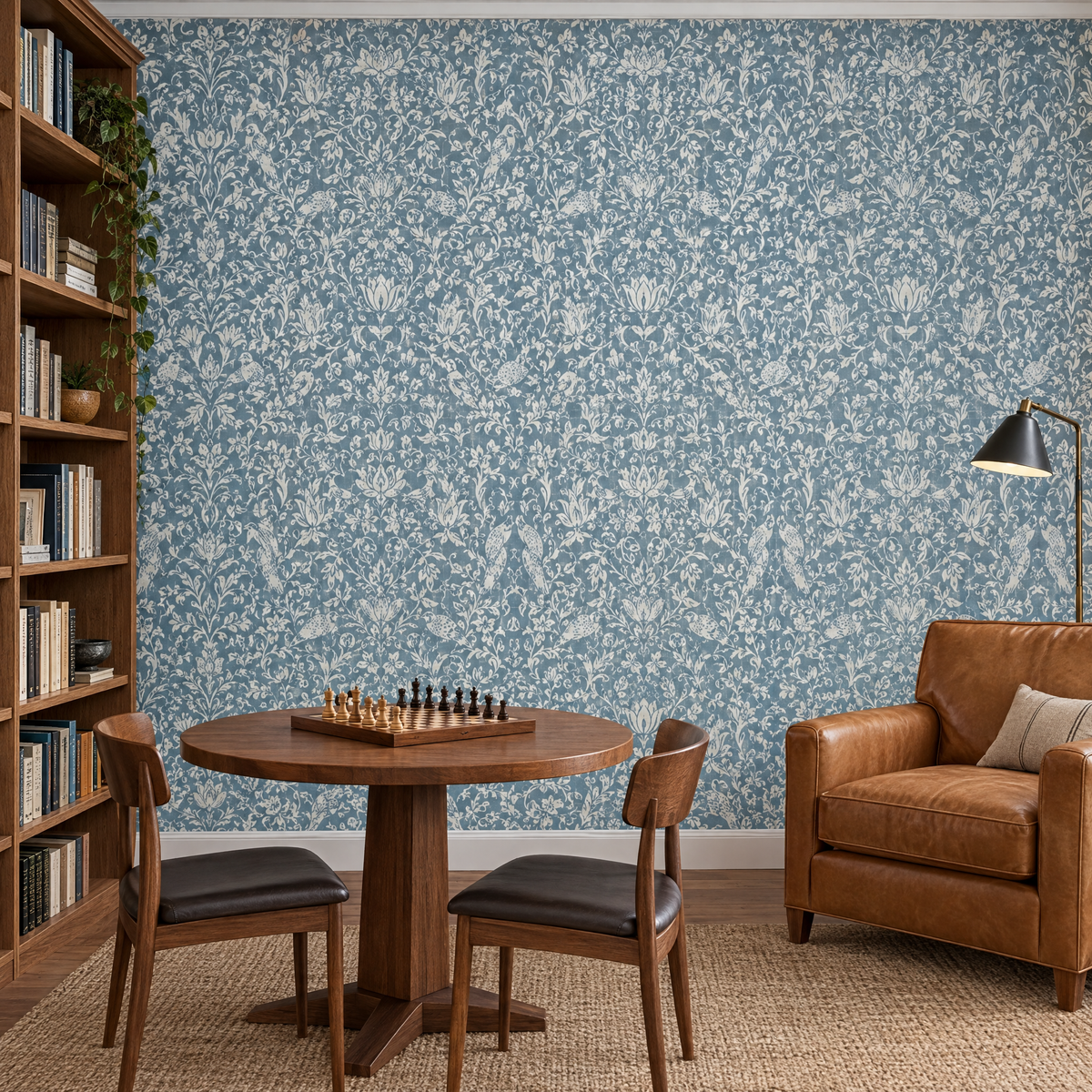 Papier peint damassé bleu gris et crème dans une salle de jeux
