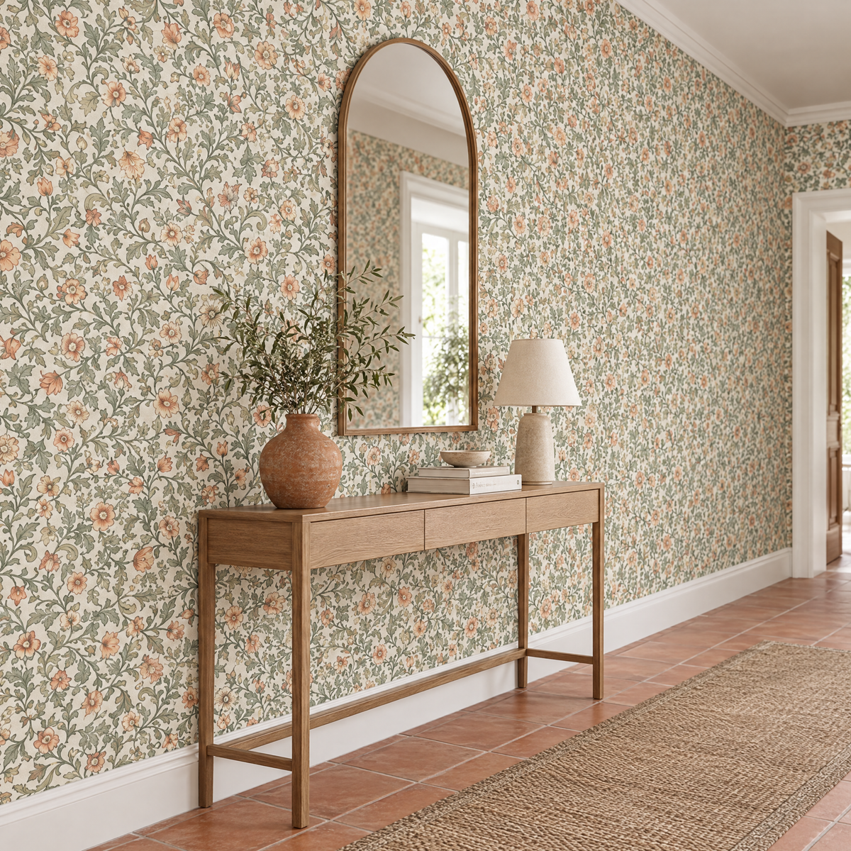 Papier peint floral vert sauge et pêche dans un couloir