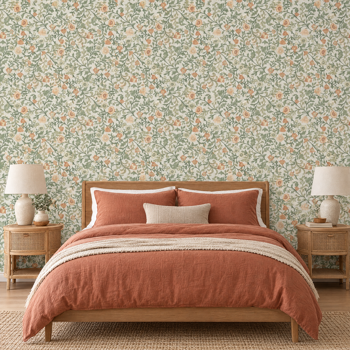 Papier peint floral vert sauge et pêche dans une chambre
