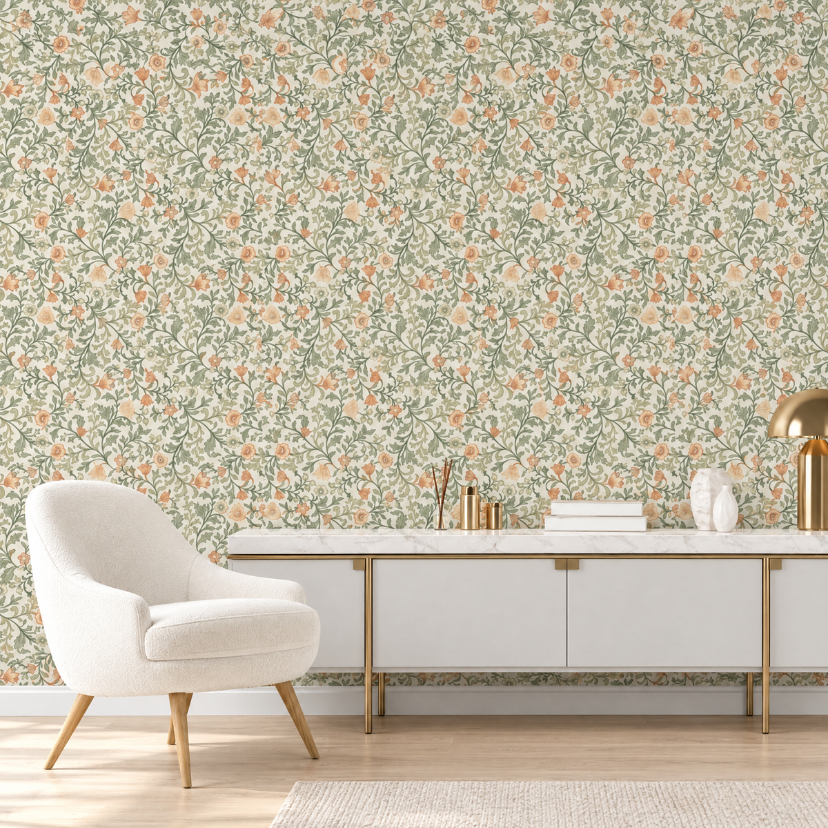 Papier peint floral vert sauge et pêche sur fond blanc dans un salon