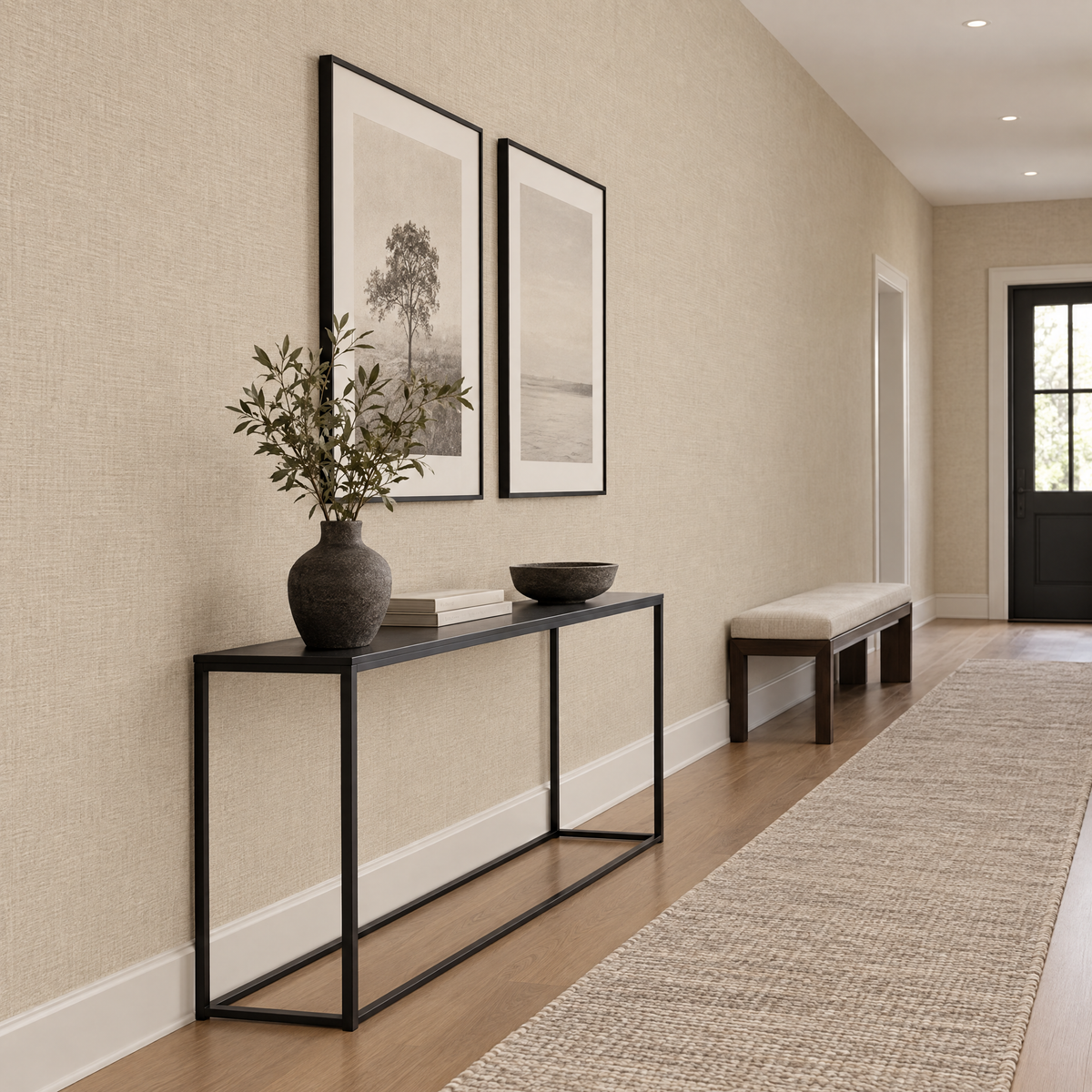 Papier peint uni aspect lin beige grisé dans un couloir avec console noire