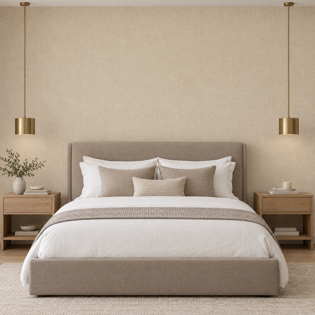 Papier peint uni aspect lin beige grisé dans une chambre avec lit tapissé