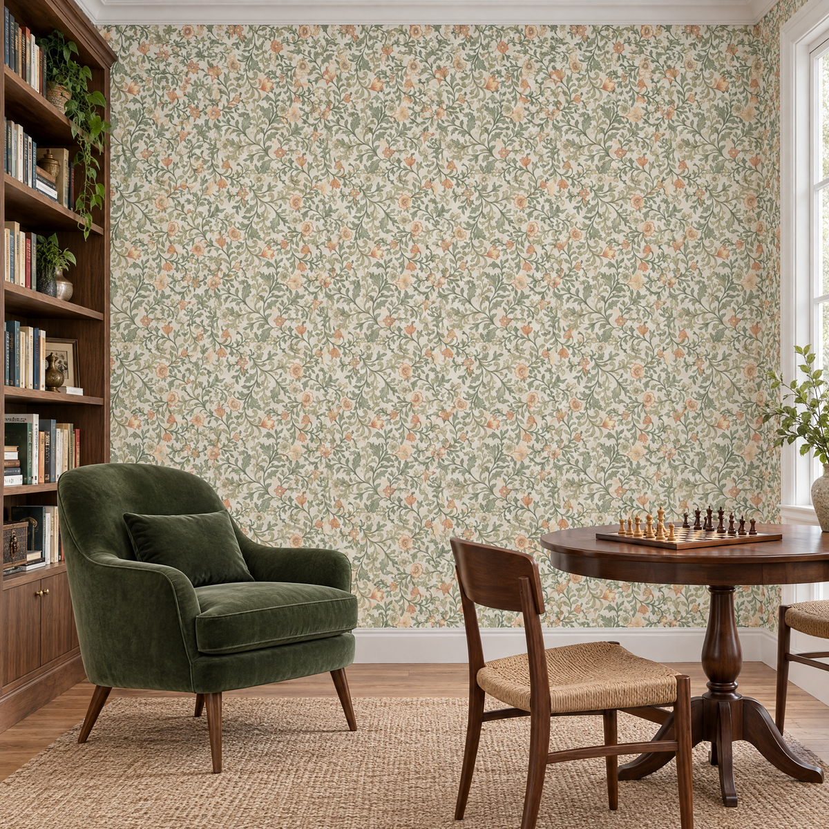 Papier peint floral vert sauge et pêche dans une salle de lecture
