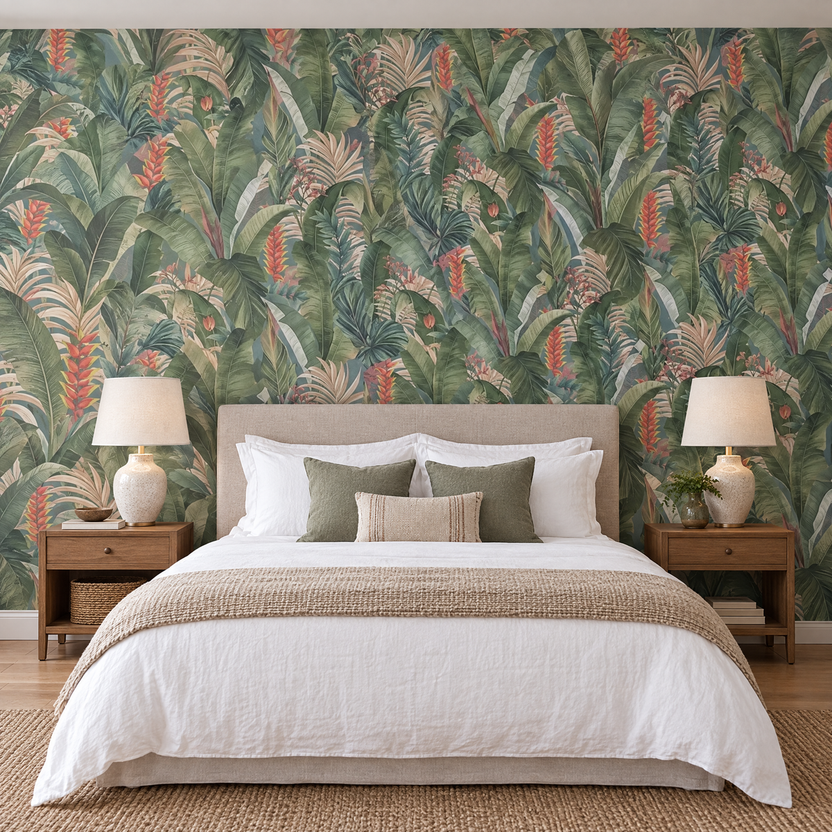 Papier peint feuilles de bananier et héliconias dans une chambre