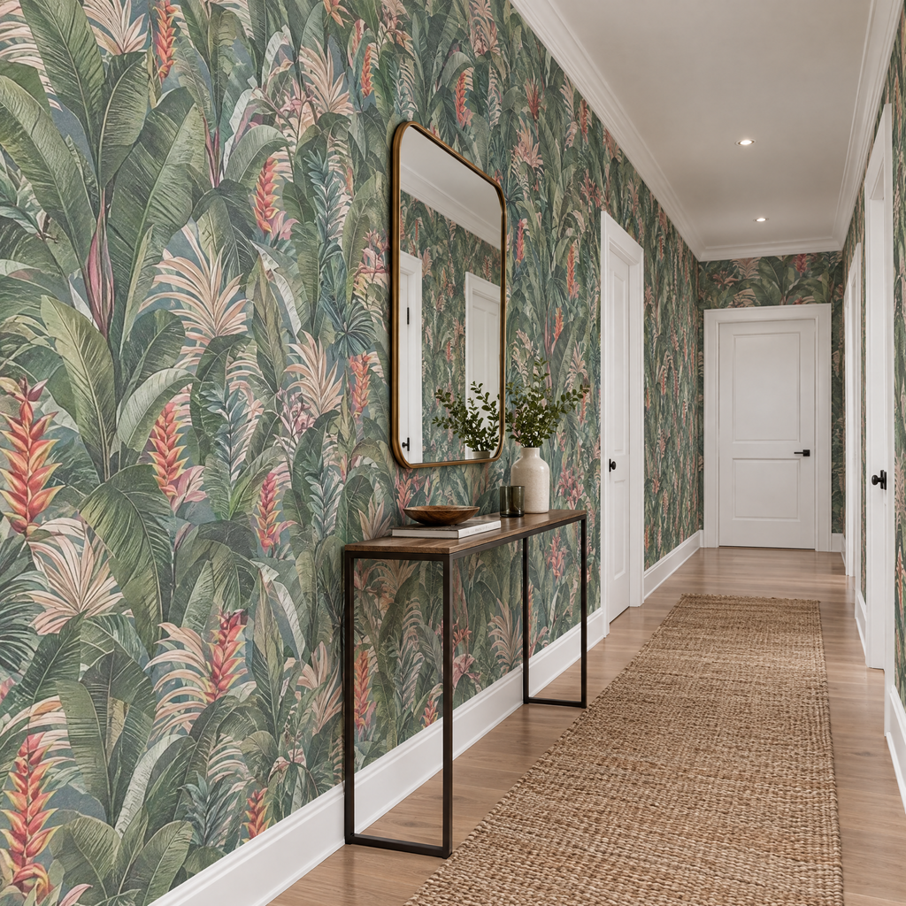 Papier peint feuilles de bananier et héliconias dans un couloir